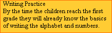 Writing Practice
  By the time the children reach the first 
  grade they will already know the basics 
  of writing the alphabet and numbers.